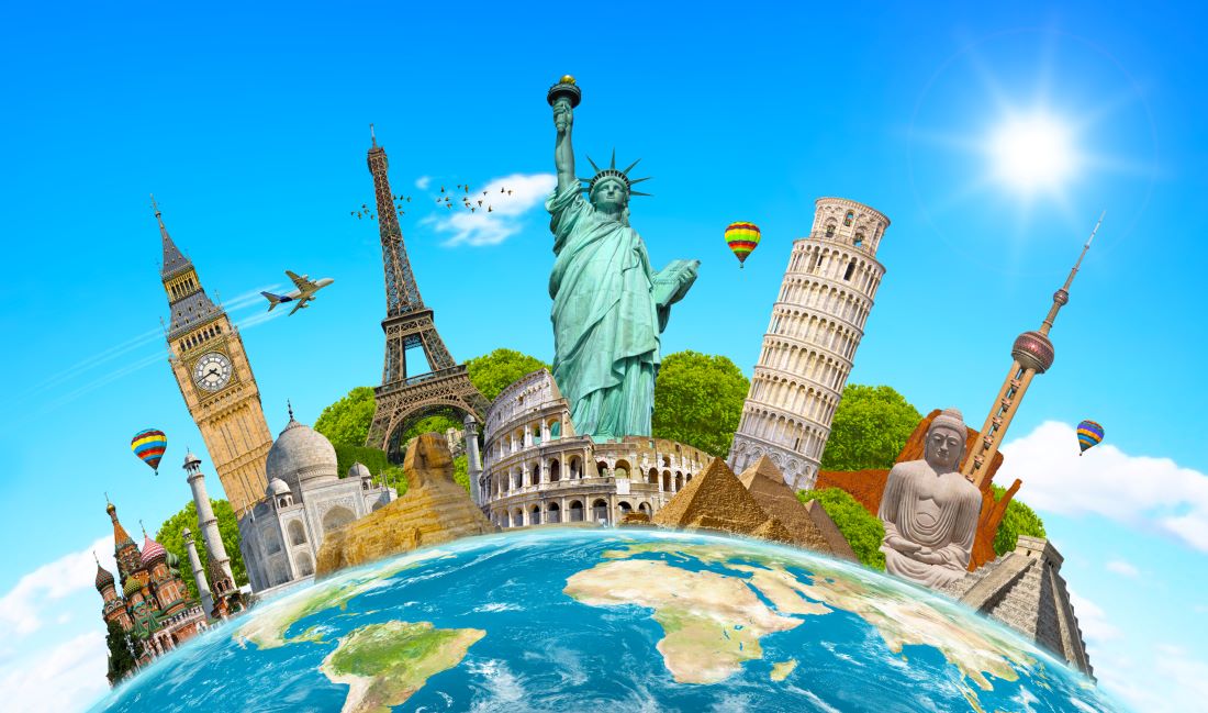 Representação visual de pontos turisticos mundiais para representar os paises mais seguros para se viajar