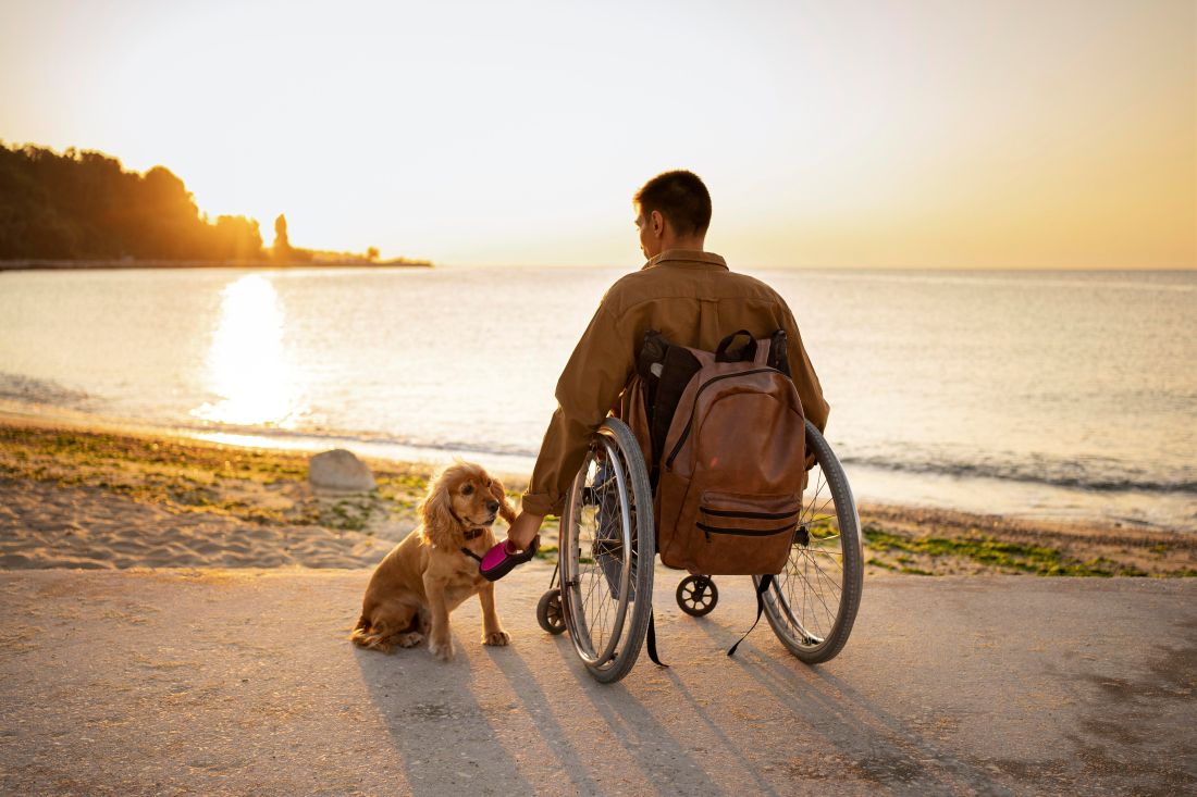 Homem cadeirante em uma praia ao pôr do sol, com uma mochila nas costas e segurando a coleira de um cachorro de porte médio que está ao seu lado. A cena transmite tranquilidade, liberdade e conexão com o presente, mesmo diante de desafios físicos.